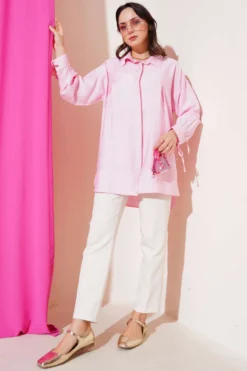 Cuffed Tie Pleated Shirt Pink Großhandel shirt view 2 - Hicabistan Türkei Fabrik