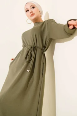 Laced Dress with Metal Button Embellishments Khaki wholesale dress view 2 - Hicabistan Turkey factory