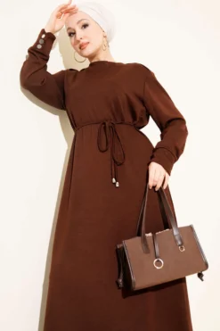 Laced Dress with Metal Button Embellishments Brown wholesale dress view 2 - Hicabistan Turkey factory