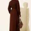 Laced Dress with Metal Button Embellishments Brown en gros dress view 3 - Hicabistan usine Turquie
