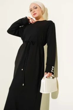Laced Dress with Metal Button Embellishments Black wholesale dress view 2 - Hicabistan Turkey factory