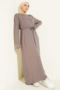 Laced Dress with Metal Button Embellishments Mink wholesale dress view 2 - Hicabistan Turkey factory