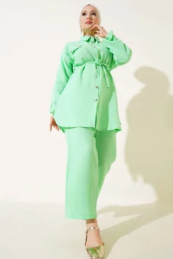 Metal Button Muslin Two-Piece Set Green