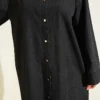 Oversized Long Denim Tunic with Metal Buttons Anthracite en gros dress view 4 - Hicabistan usine Turquie