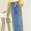 Metal Buttoned Belted Denim Skirt Blue wholesale skirt view 5 - Hicabistan Turkey factory
