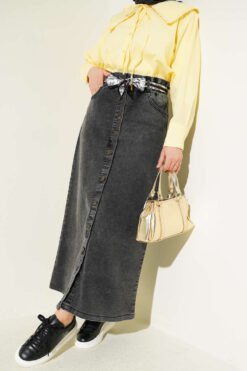 Metal Buttoned Belted Denim Skirt all'ingrosso skirt - Hicabistan fabbrica Turchia