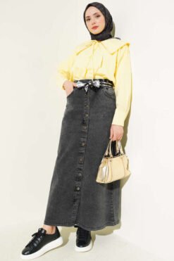 Metal Buttoned Belted Denim Skirt all'ingrosso skirt view 2 - Hicabistan fabbrica Turchia