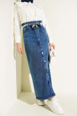 Metal Buttoned Belted Denim Skirt all'ingrosso skirt - Hicabistan fabbrica Turchia