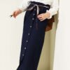 Metal Buttoned Belted Denim Skirt Navy Blue wholesale skirt - Hicabistan Turkey factory