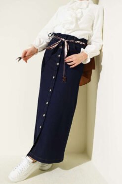 Metal Buttoned Belted Denim Skirt Navy Blue all'ingrosso skirt - Hicabistan fabbrica Turchia