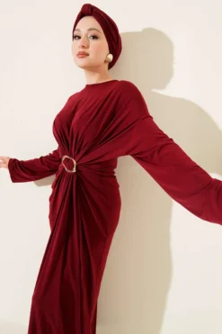 Gathered Sandy Dress with Metal Buckle Burgundy wholesale dress - Hicabistan Turkey factory