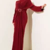 Gathered Sandy Dress with Metal Buckle Burgundy Großhandel dress view 2 - Hicabistan Türkei Fabrik