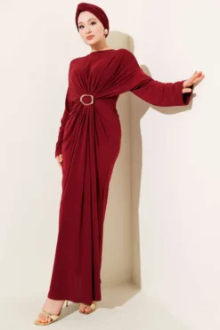Gathered Sandy Dress with Metal Buckle Burgundy wholesale dress view 2 - Hicabistan Turkey factory