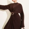 Gathered Sandy Dress with Metal Buckle Brown en gros dress - Hicabistan usine Turquie