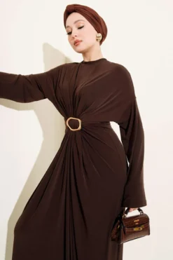 Gathered Sandy Dress with Metal Buckle Brown wholesale dress - Hicabistan Turkey factory