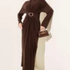 Gathered Sandy Dress with Metal Buckle Brown Großhandel dress view 2 - Hicabistan Türkei Fabrik