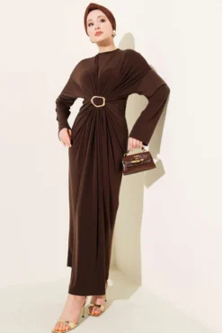 Gathered Sandy Dress with Metal Buckle Brown wholesale dress view 2 - Hicabistan Turkey factory