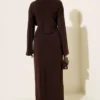Gathered Sandy Dress with Metal Buckle Brown Großhandel dress view 3 - Hicabistan Türkei Fabrik