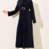 Gathered Sandy Dress with Metal Buckle Navy Blue Großhandel dress - Hicabistan Türkei Fabrik