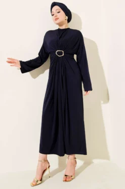 Gathered Sandy Dress with Metal Buckle Navy Blue wholesale dress - Hicabistan Turkey factory