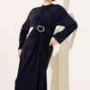 Gathered Sandy Dress with Metal Buckle Navy Blue en gros dress view 2 - Hicabistan usine Turquie