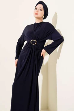 Gathered Sandy Dress with Metal Buckle Navy Blue wholesale dress view 2 - Hicabistan Turkey factory