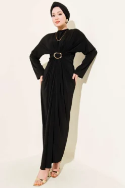 Gathered Sandy Dress with Metal Buckle Black wholesale dress - Hicabistan Turkey factory