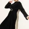 Gathered Sandy Dress with Metal Buckle Black Großhandel dress view 2 - Hicabistan Türkei Fabrik