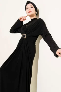 Gathered Sandy Dress with Metal Buckle Black wholesale dress view 2 - Hicabistan Turkey factory