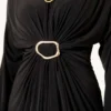Gathered Sandy Dress with Metal Buckle Black Großhandel dress view 4 - Hicabistan Türkei Fabrik