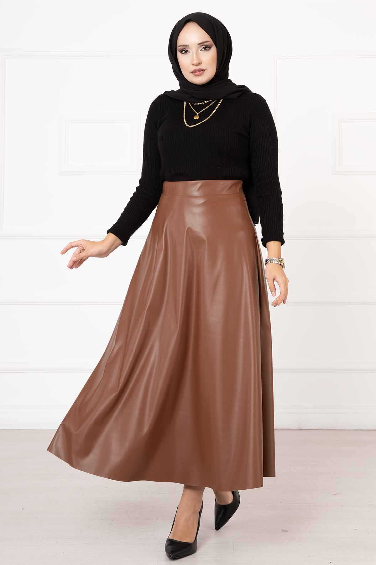 Mevlana Leather Skirt Tan all'ingrosso skirt - Hicabistan fabbrica Turchia
