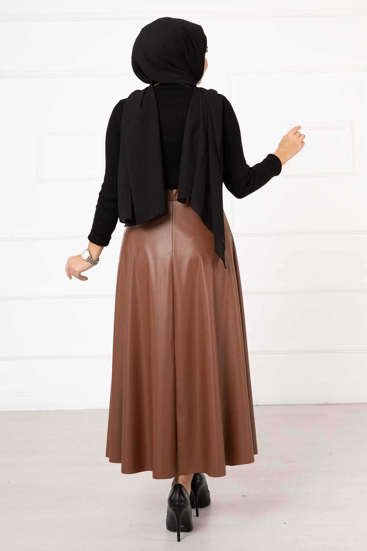 Mevlana Leather Skirt Tan all'ingrosso skirt view 4 - Hicabistan fabbrica Turchia