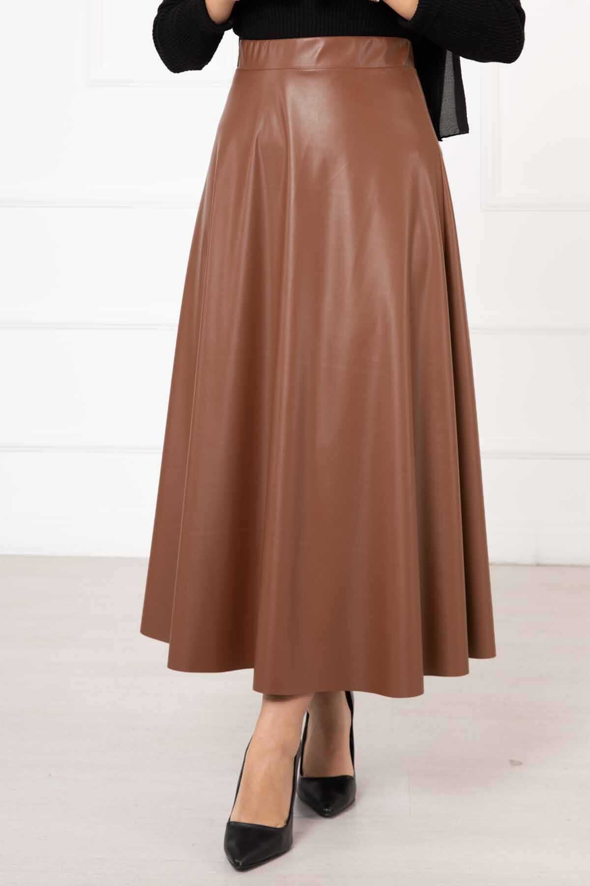 Mevlana Leather Skirt Tan all'ingrosso skirt view 3 - Hicabistan fabbrica Turchia