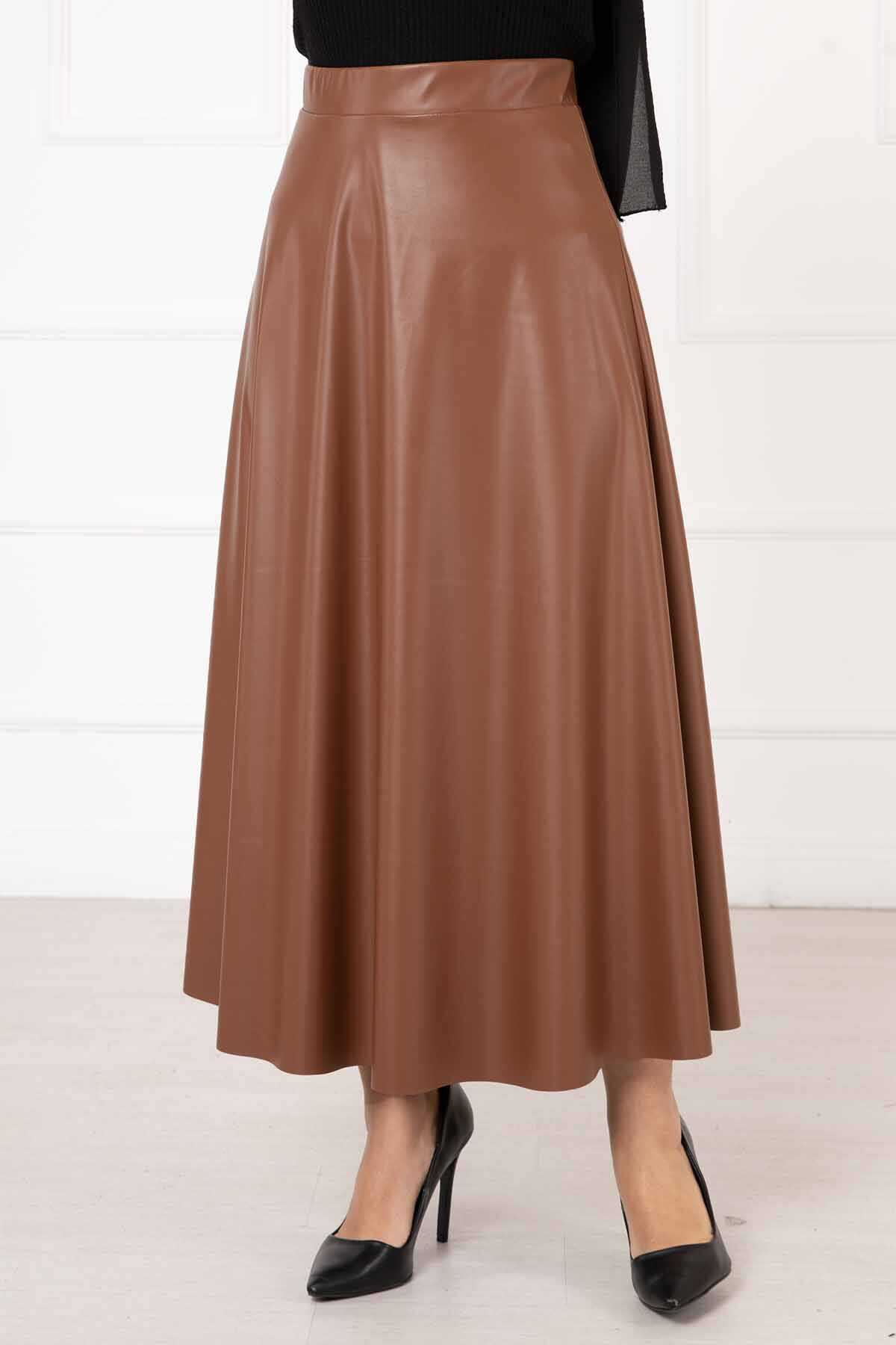 Mevlana Leather Skirt Tan all'ingrosso skirt view 2 - Hicabistan fabbrica Turchia