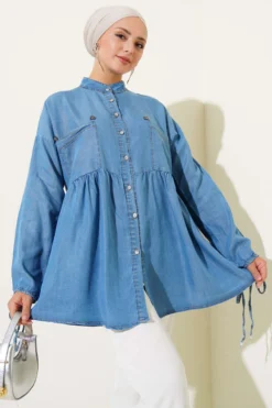 Mini Floral Pocket Denim Shirt Dark Blue Großhandel shirt view 5 - Hicabistan Türkei Fabrik