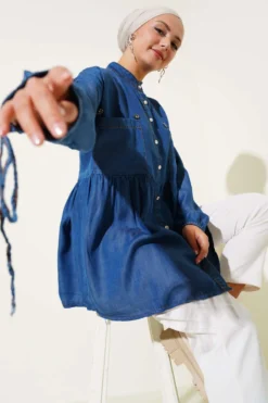 Mini Floral Pocket Denim Shirt Dark Blue Großhandel shirt - Hicabistan Türkei Fabrik