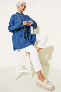 Mini Floral Pocket Denim Shirt Dark Blue Großhandel shirt view 2 - Hicabistan Türkei Fabrik