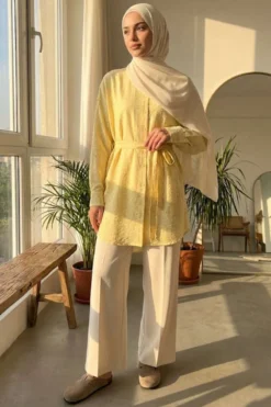 Mini Stone Detail Belted Shirt Yellow