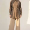Mini Stone Detail Belted Shirt Mink wholesale shirt - Hicabistan Turkey factory