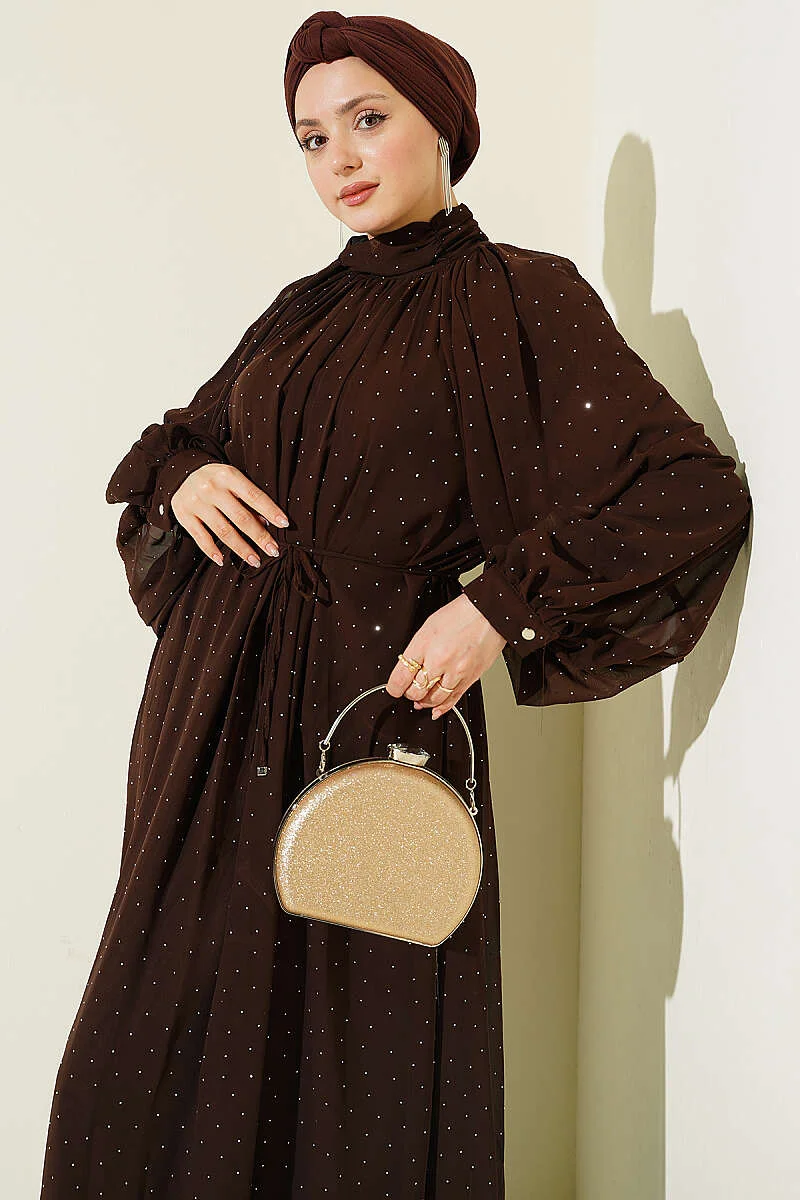 Mini Beaded Chiffon Evening Dress Brown - Image 2