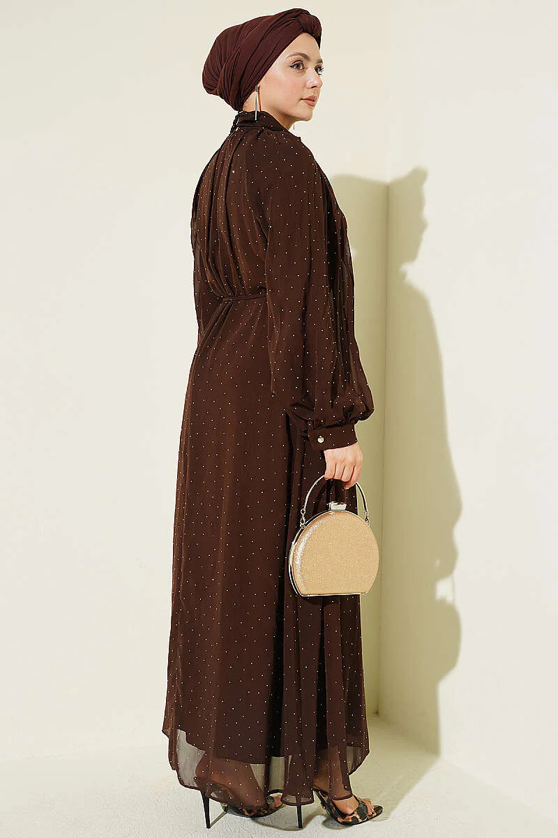 Mini Beaded Chiffon Evening Dress Brown - Image 3