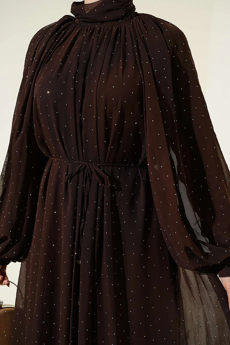 Mini Beaded Chiffon Evening Dress Brown - Image 4