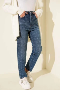 Mini Stone-Embellished Denim Pants Blue
