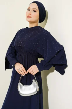 Vue alternative de Mini Stone-Embellished Cape Dress Navy Blue