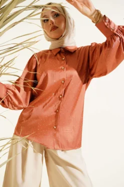 Mini Stone Satin Shirt Powder Pink Großhandel shirt - Hicabistan Türkei Fabrik