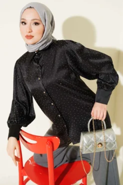 Mini Stone Satin Shirt Black Großhandel shirt - Hicabistan Türkei Fabrik