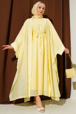 Mini Stone Embellished Abaya Set Yellow