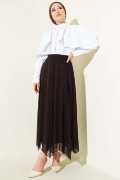 Mini Beaded Elastic Waist Skirt Brown Großhandel skirt view 2 - Hicabistan Türkei Fabrik