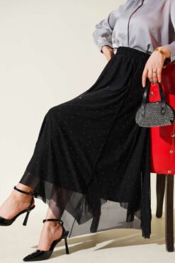 Mini Beaded Elastic Waist Skirt Black Großhandel skirt - Hicabistan Türkei Fabrik