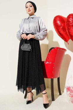 Mini Beaded Elastic Waist Skirt Black Großhandel skirt view 2 - Hicabistan Türkei Fabrik
